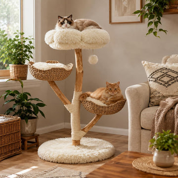 44.5-Inch Natural Wood Cat Tree with 2 Handwoven Baskets