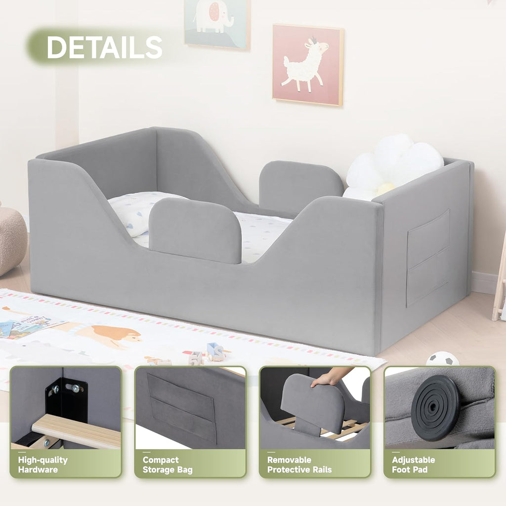 Toddler Floor Bed with Removable Safety Rails and Storage Bag, Kids Bed for Girl and Boys, Standard Crib Size, Safety