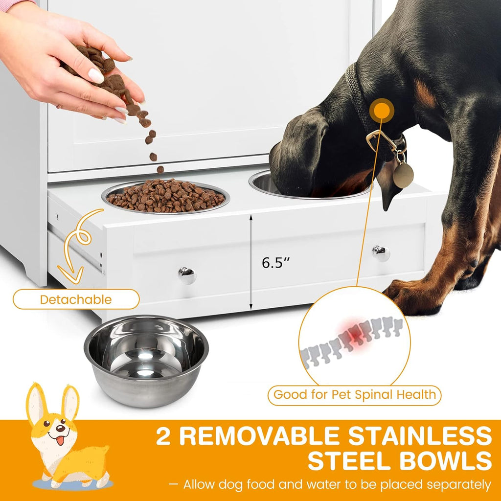 Pet Feeder Station, Dog Food Storage Container with Double Pull Out Dog Bowls, Pet Food Toy Organizer Cabinet, Pet