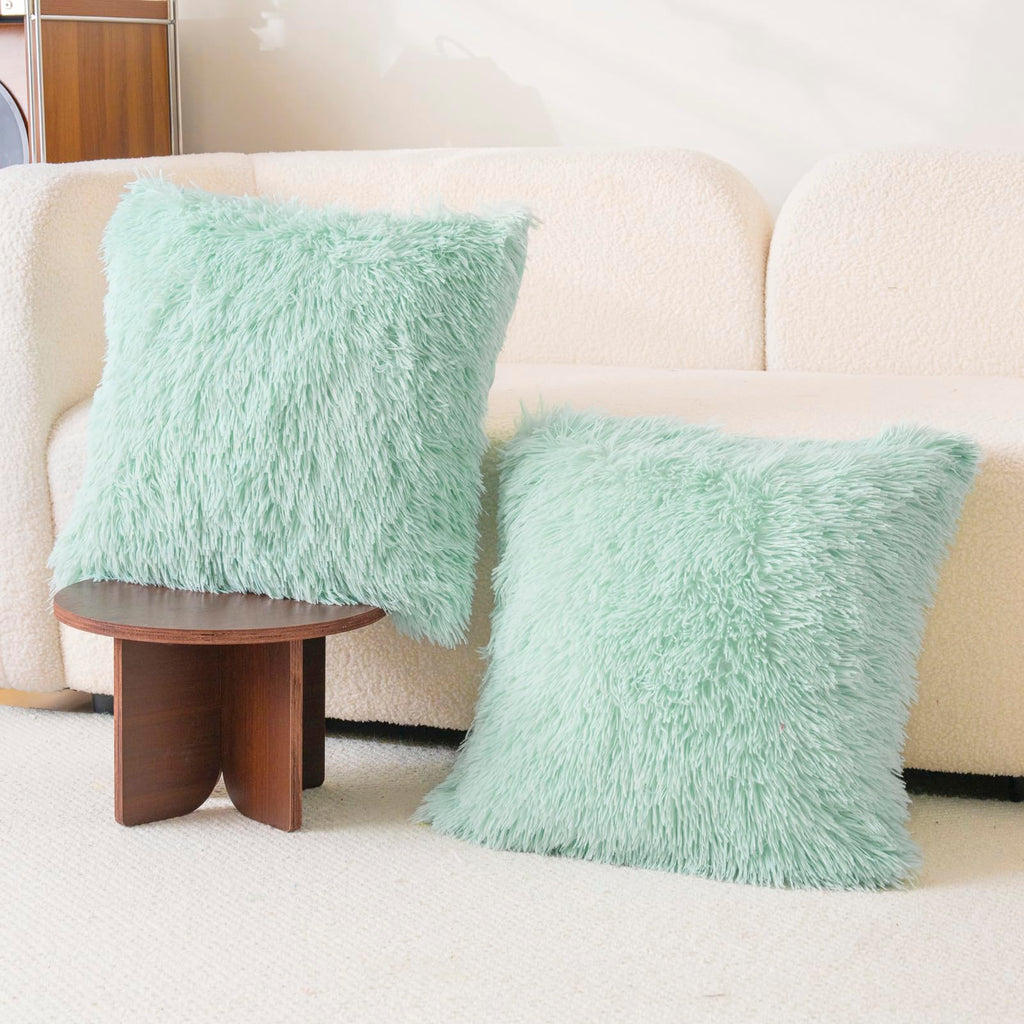 Faux Fur Mint Green Throw Pillow Covers, Fluffy Soft Fuzzy Decorative Pillow Cases Cute Pillowcases Bedroom Living