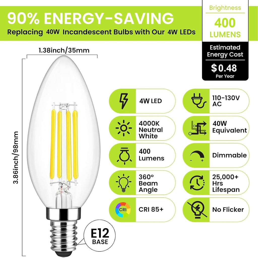 Dimmable E12 LED Candelabra Bulbs 40W Equivalent, 4000K Neutral White, 400 Lumens Chandelier Light Bulb, B11