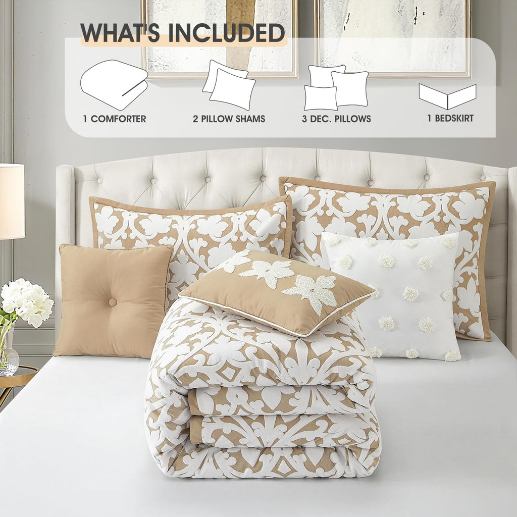 7 Pieces Comforter Set, Khaki, Jacquard Floral Pattern and Classy Damask Medallion Design, Ultra Soft, Includes