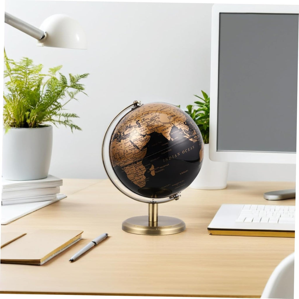 6'' Vintage Globe with Stand: Rotating World Globe Black Gold Desk Ornament Antique Map Decor for Adults Home Office