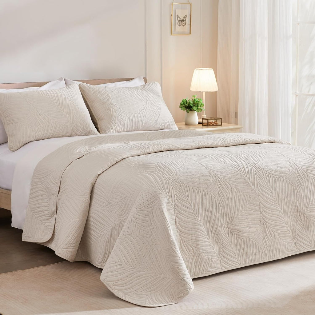 Queen Quilt Bedding Set, Lightweight Brich Beige Quilts Queen Full for All Seasons, Soft Microfiber Bedspreads