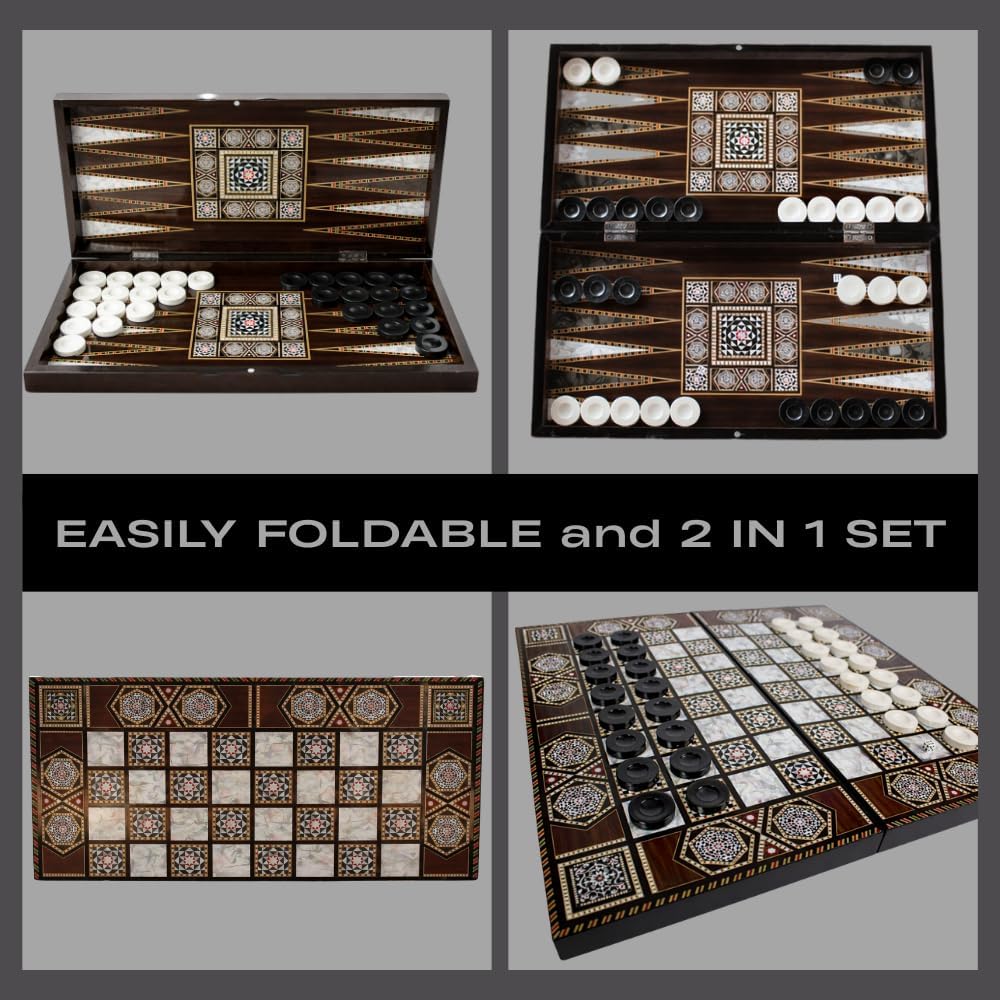 Park&Oz Pearl Premium Turkish Backgammon and Checkers Set 19 Inch Handmade 2 in 1 Wooden Board Game with Glossy