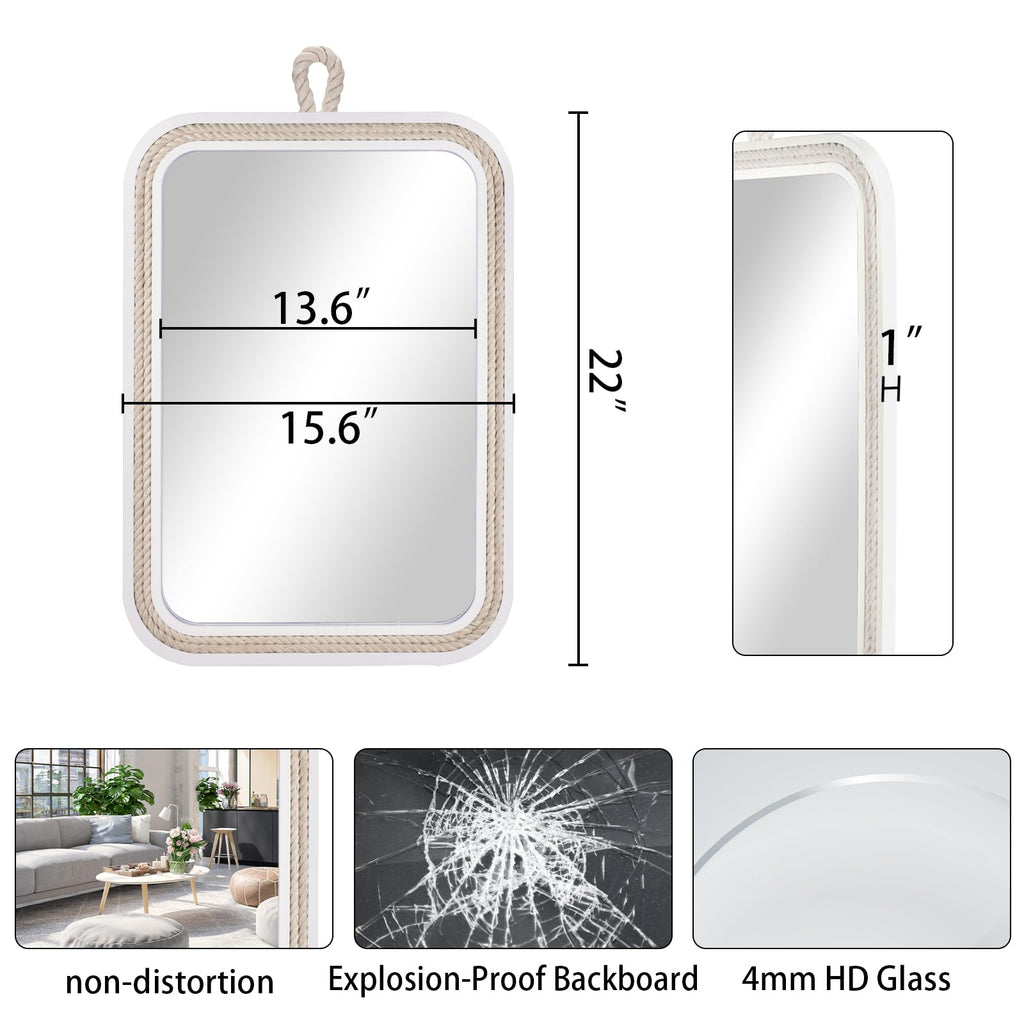Nautical Rope Mirror Rectangle Wooden 22''Lx16''W White Decorative Mirror Farmhouse Hanging -Beachy Coastal Wall