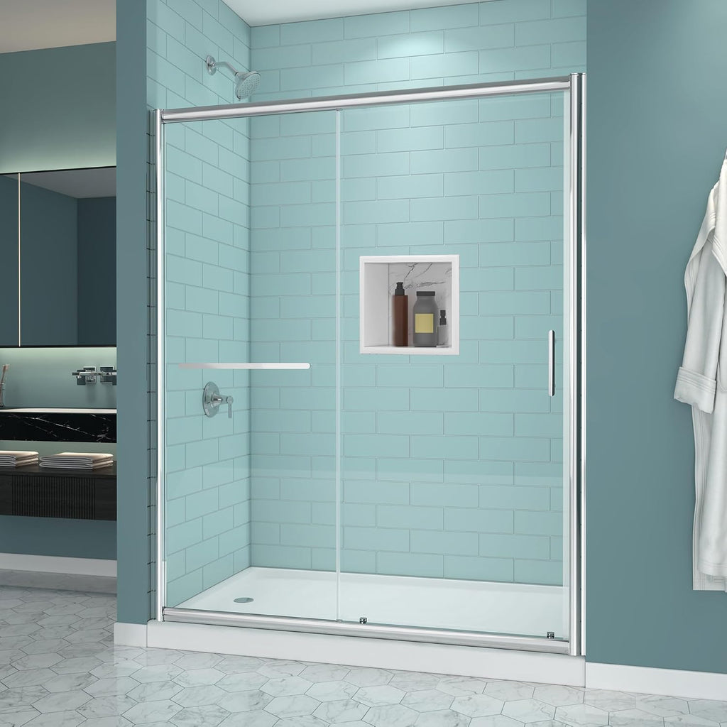Black Grid Sliding Shower Door 55-60" W x 72" H, Matte Black, Single Sliding Door, Framed