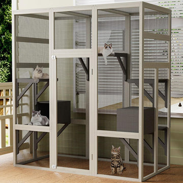 70 Inch Catio Outdoor Cat Enclosure, Large Wooden Cat House with 5 Platforms and 2 Napping Houses, Waterproof UV