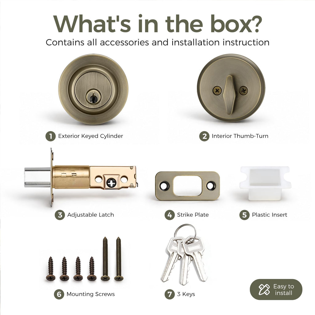 Single Cylinder Round Deadbolt Lock(1 Pack, Antique Brass)