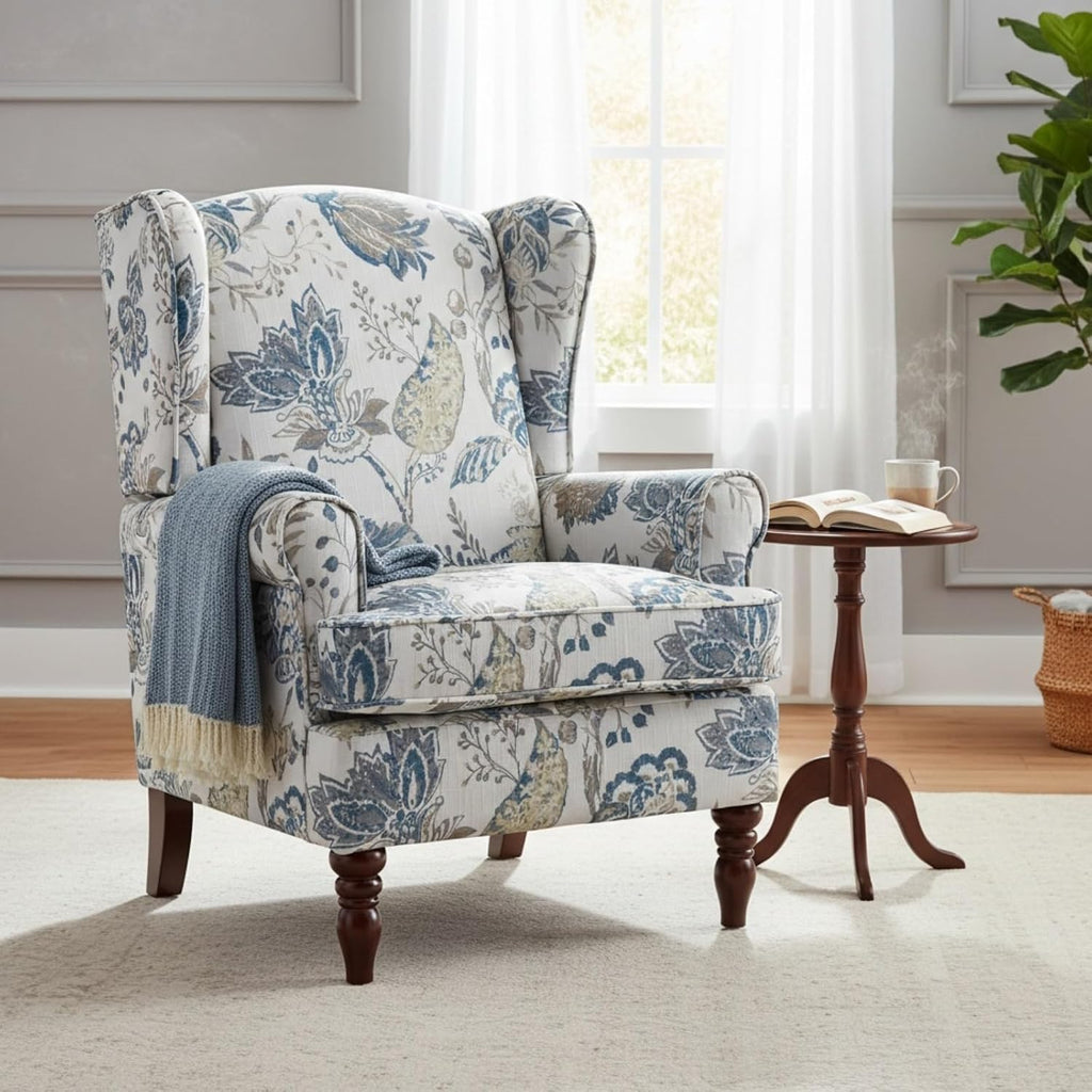 Mid Century Wingback Accent Chairs Set of 2 Blue Floral | Retro Wooden Legs Modern Linen Upholstered Armchair Floral