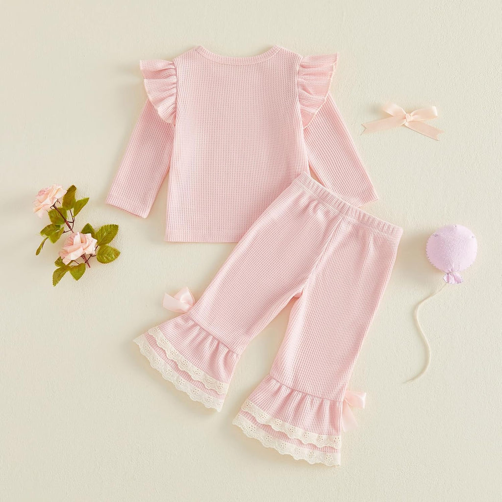 Toddler Baby Girl Fall Clothes Waffle Long Sleeve Shirt Tops and Bell Bottoms Pants 2 Piece Outfits for Girls