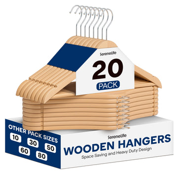 20 Pack Wooden Coat Hangers - Durable Suit Hangers with 360° Swivel Hook & Notches - Slim Design for Shirts, Jackets