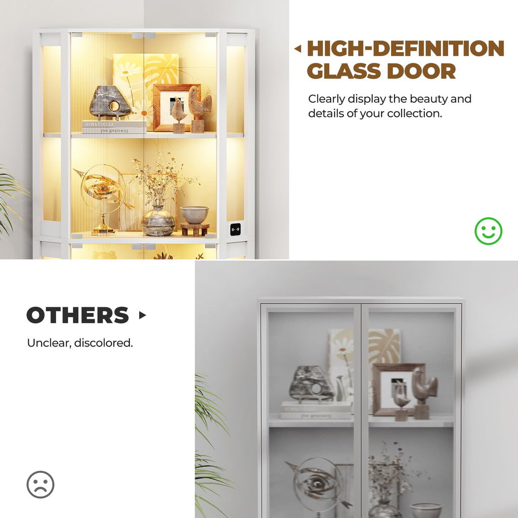 65" Corner Display Cabinet with Glass Doors for Collectibles, White