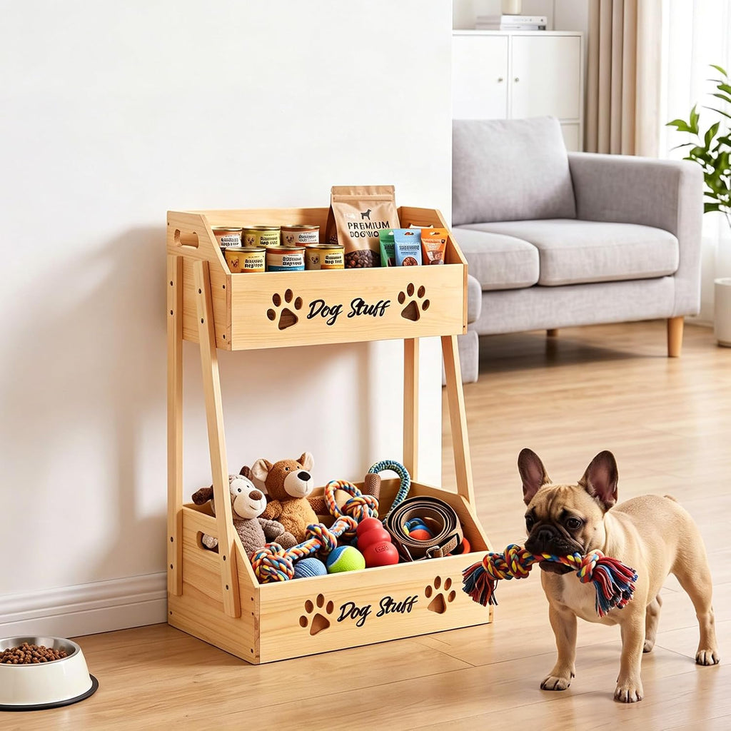 2 Tier Large Dog Toy Storage Bin Wood Toy Basket Box with Handle