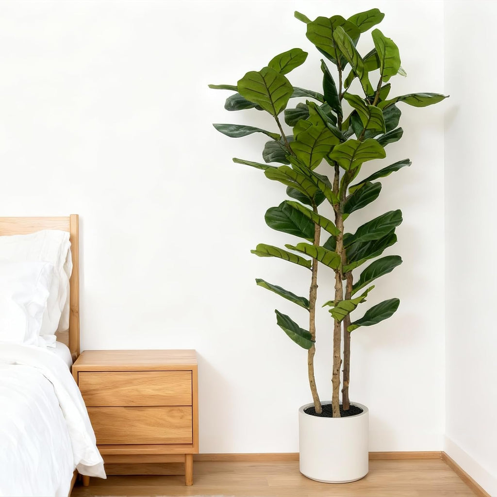 Artificial Fiddle Leaf Fig Tree 6FT with White Tall Planter-Large Faux Tree Tall Fake Floor Plant in Pot,Artificial - Set of 3