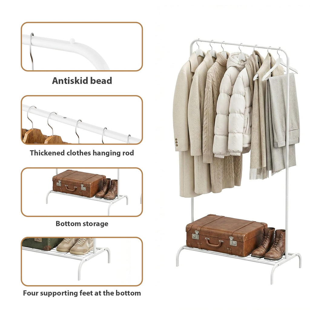 Small White Clothing Rack 2 Pack, Garment Rack No Wheels, Free Standing Clothes Rack with Bottom Shelf for Hanging
