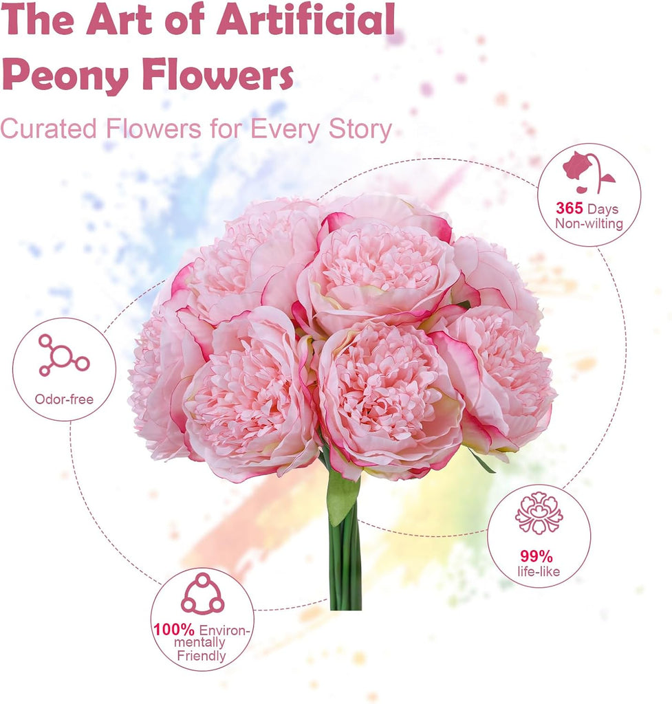 Deep Pink Realistic Silk Peonies Bouquet, Waterproof & UV Resistant Faux Peony Flowers, All-Weather Artificial - Set of 10