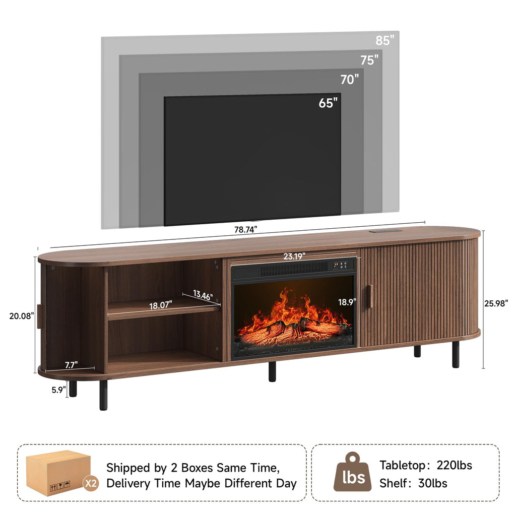 78.7" Fluted Fireplace TV Stand with 23" Electric Fireplace, Walnut