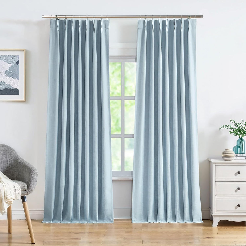 Dusty Blue Pinch Pleated Full Blackout Curtains Linen Texture Thermal Insulated Window Treatment Panel 84 Inch for
