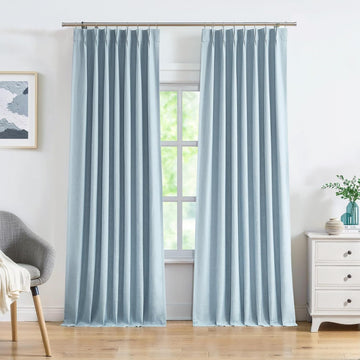 Dusty Blue Pinch Pleated Full Blackout Curtains Linen Texture Thermal Insulated Window Treatment Panel 84 Inch for