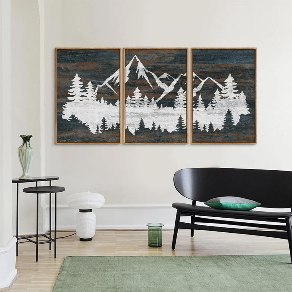 Vintage Mountain Framed Canvas Wall Art, White Snowy Nature Landscape Wall Decor, Rustic Wilderness Forest Art