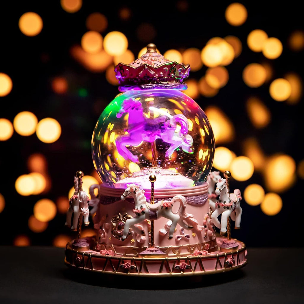 Carousel Snow Globe Music Box: LED Light Rotating Horses for Girls