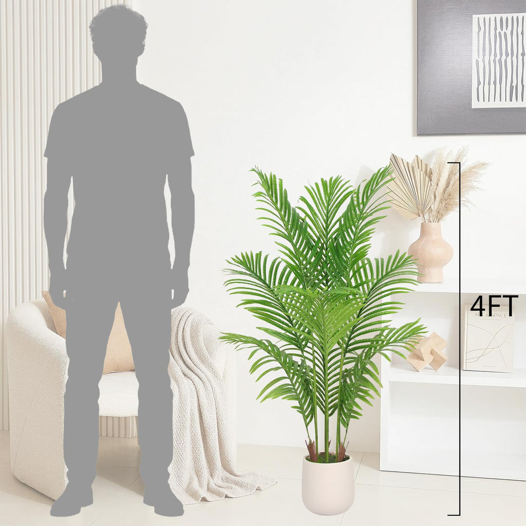 Artificial Palm Tree 4FT with White Planter, Faux Tropical Areca Floor Plant with Lifelike Green Leaves, Indoor Faux