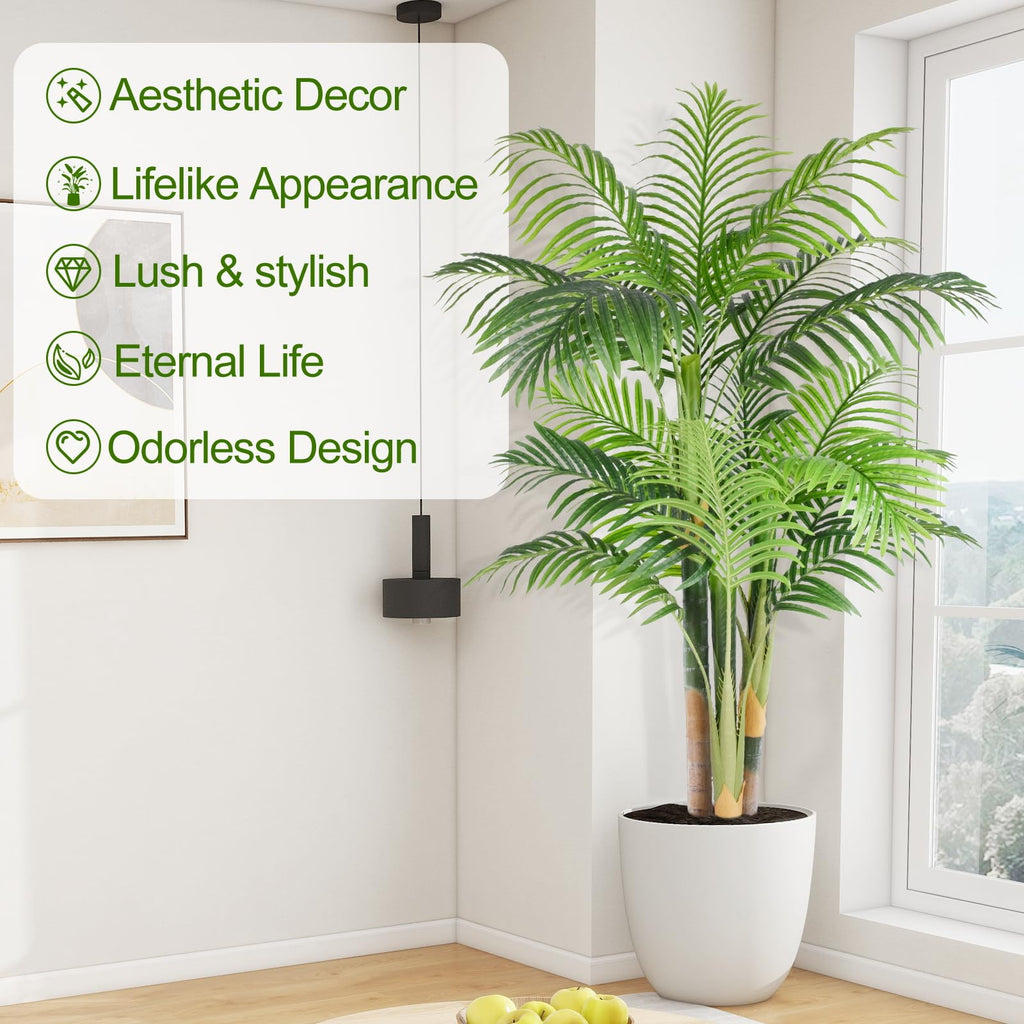 5ft Tall Triple Golden Cane Palm Artificial Tree Large Tropical Palm Tree UV Resistant Fake Plant in Pot for Indoor
