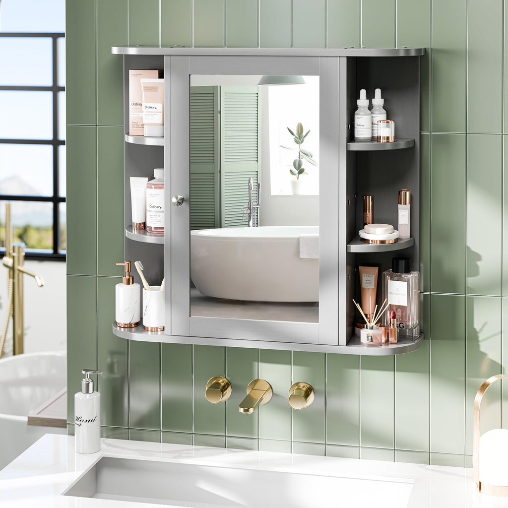 Bathroom Mirror Cabinet Wall Mounted, Medicine Cabinet with Mirror and 6 Open Shelves, Modern Bathroom Wall Cabinets