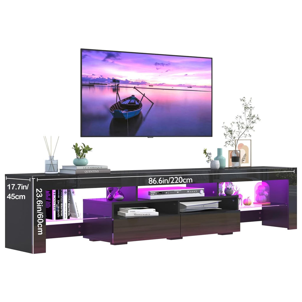 86.6in TV Stands for 85/90/95 inch TV, Modern LED, Black TV Stands, High Gloss TV Entertainment Center with Storage