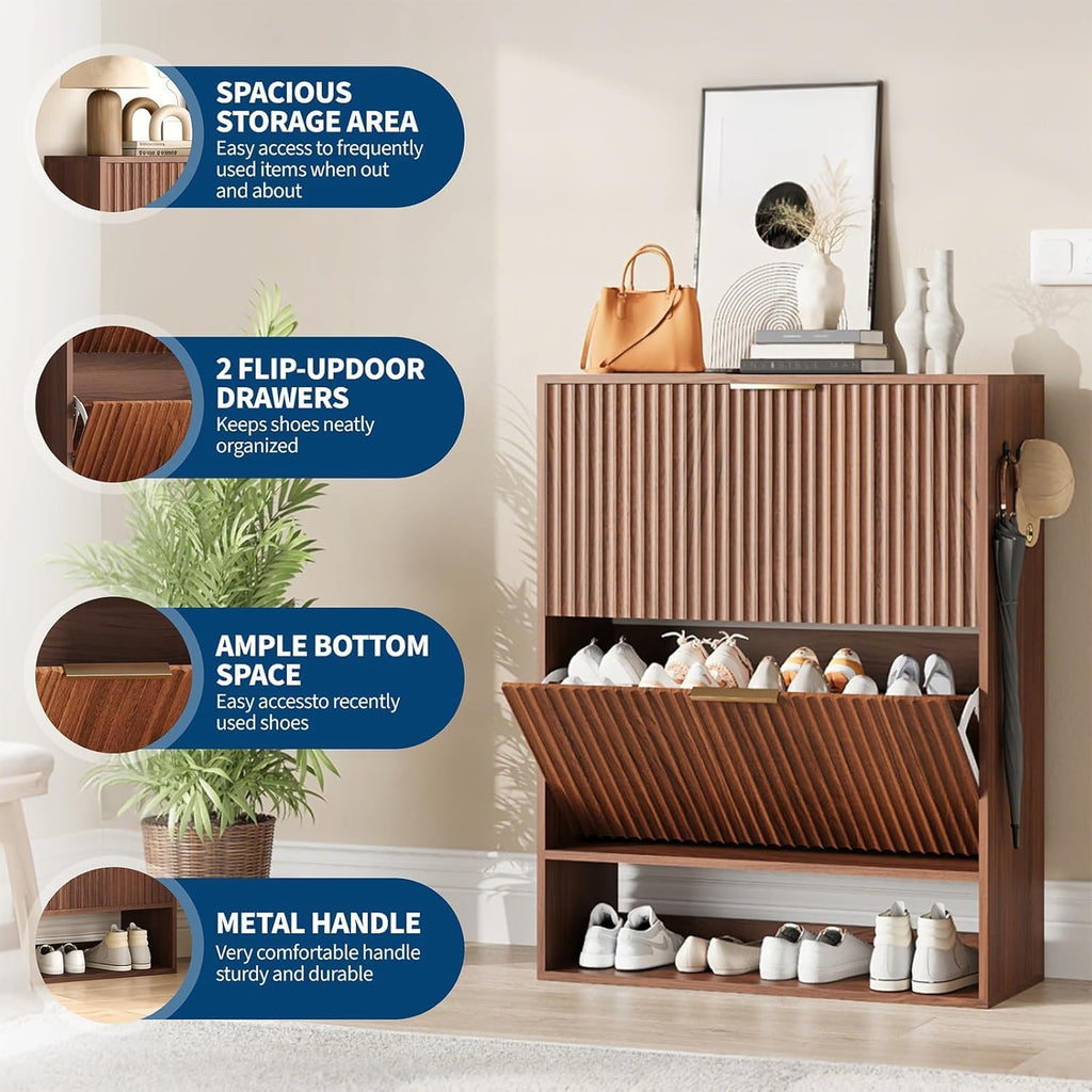 Shoe Cabinet , Narrow Freestanding Shoe Cabinet Storage with 2 Flip Drawers, Open Bottom Shelf & Side Hooks, Slim
