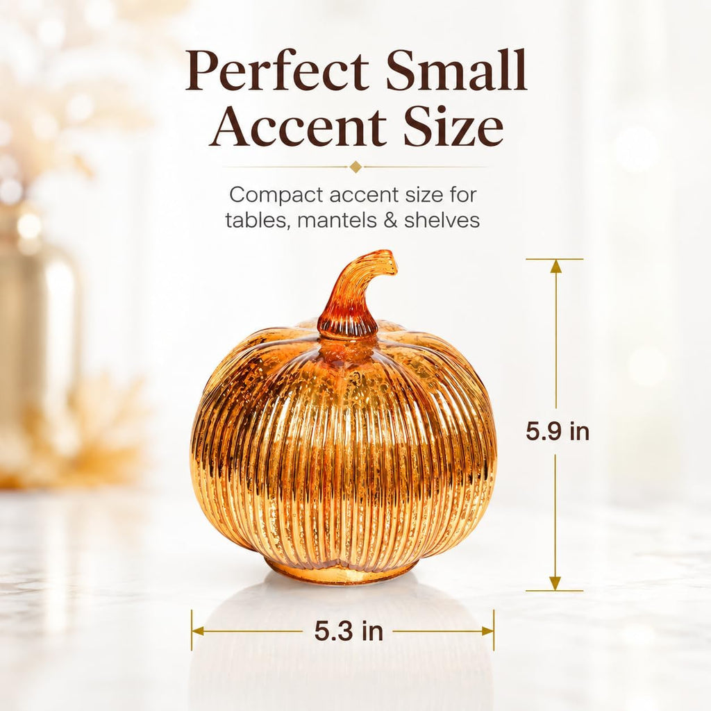Gold Mercury Glass Pumpkin Light with 2 Lighting Modes and 6-Hour Timer, 5.5 x 6 Inch Battery Operated Fall Decor
