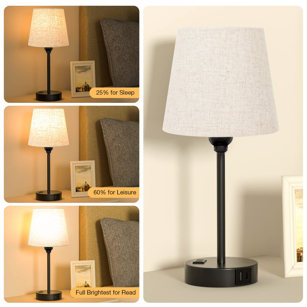 Bedside Table Lamps Set 2 - Dimmable Touch, USB C+A, AC Outlet