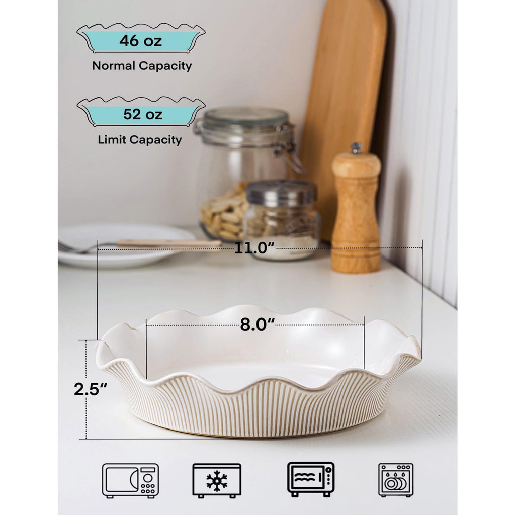 Ceramic Deep Pie Pan for Baking, 11 inch Porcelain Pie Dish for Apple Pie, Oven & Dishwasher Safe, Farmhouse Decor