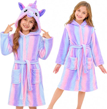 Girls Unicorn Fleece Robe, Rainbow Star Leopard Bathrobe for Kids, Coral Fleece Bath Robe With Pockets -12