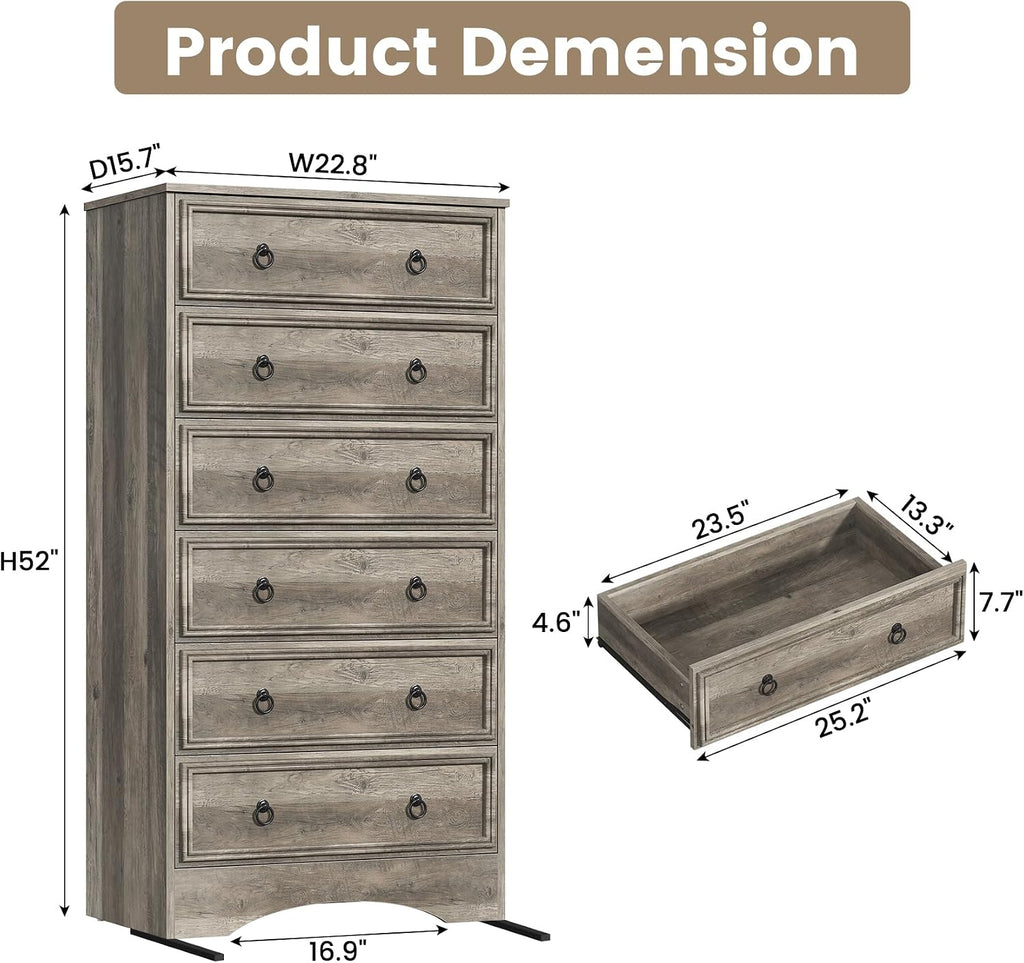 6 Drawer Dresser 52" Tall , Wood 6 Chest Drawers, Storage for Clothes, Narrow Large Drawers, Taupe Vintage