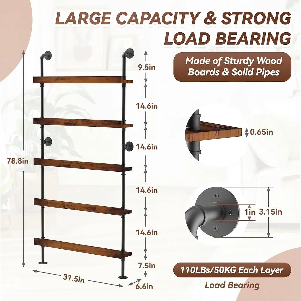 5-Tier Wall Mounted Wine Rack, Industrial Pipe Floating Bar Shelves, Liquor Bottle Display Shelf Holds 40+ Bottles
