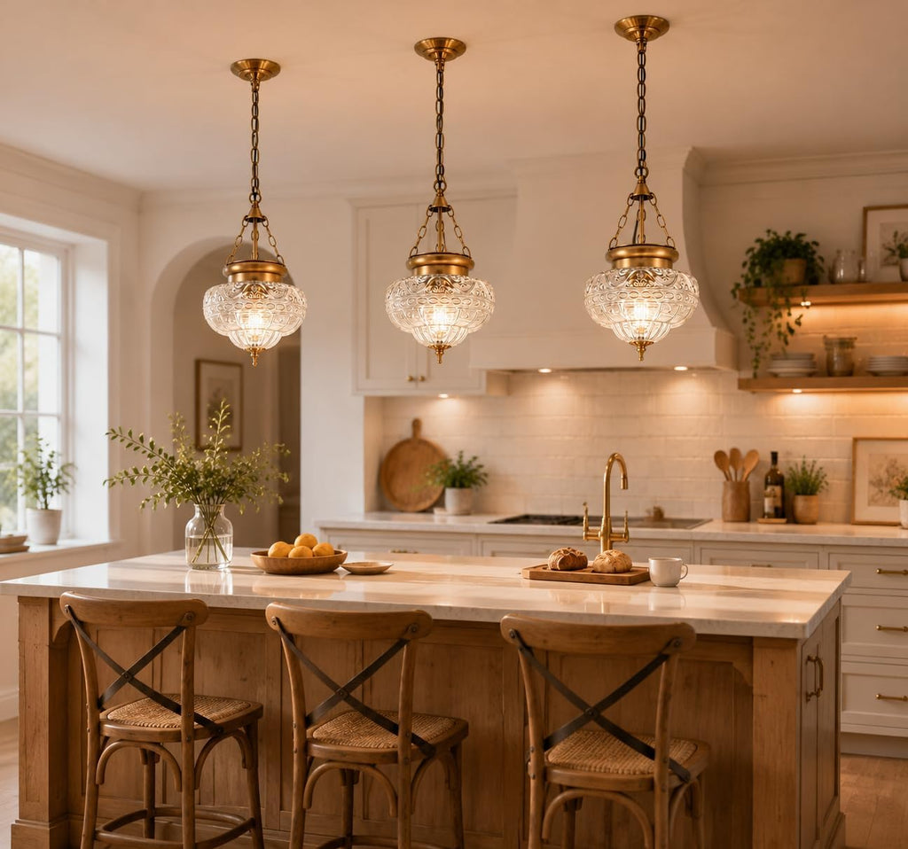 Vintage Brushed Antique Brass Pendant Light for Kitchen Island, Handblown Textured Glass Hanging Light Fixture