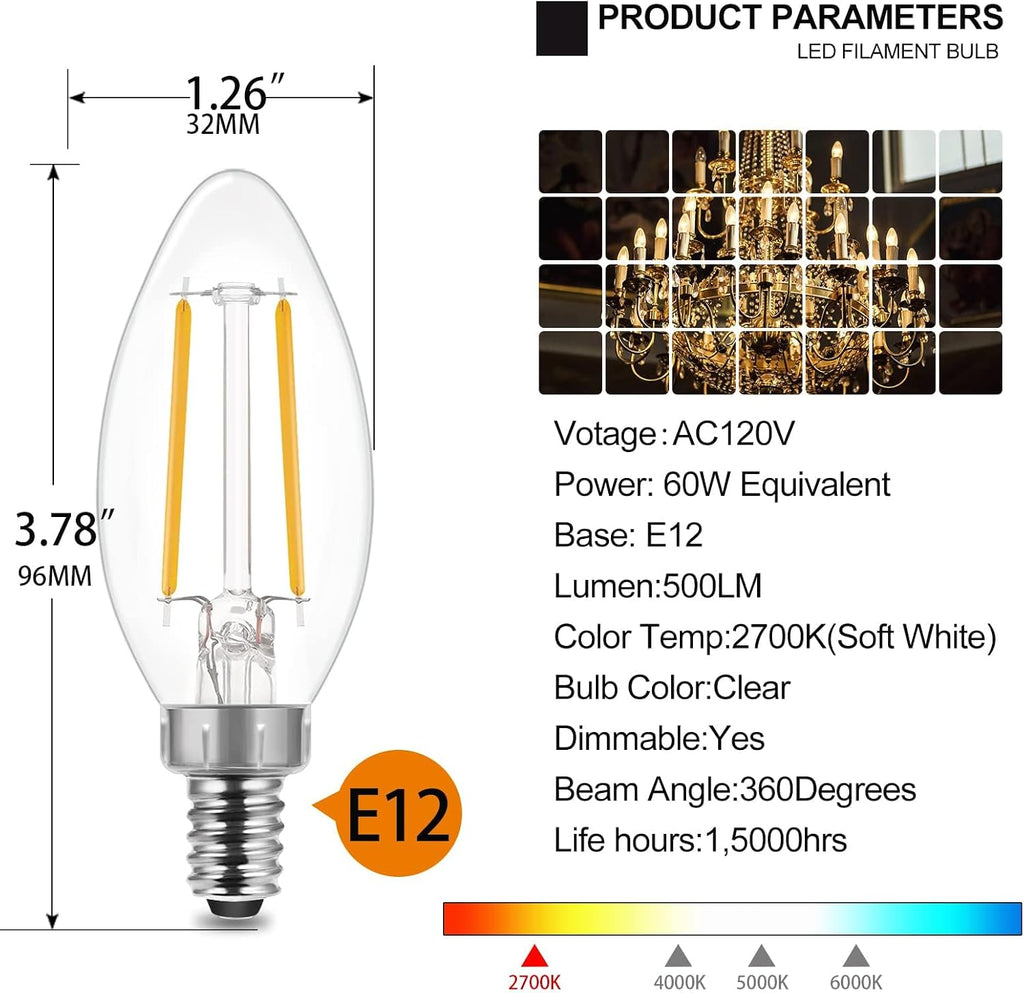 Energetic LED B10 E12 Candelabra Light Bulbs 60 Watt Equivalent, Dimmable LED Chandelier Light Bulbs, Soft White