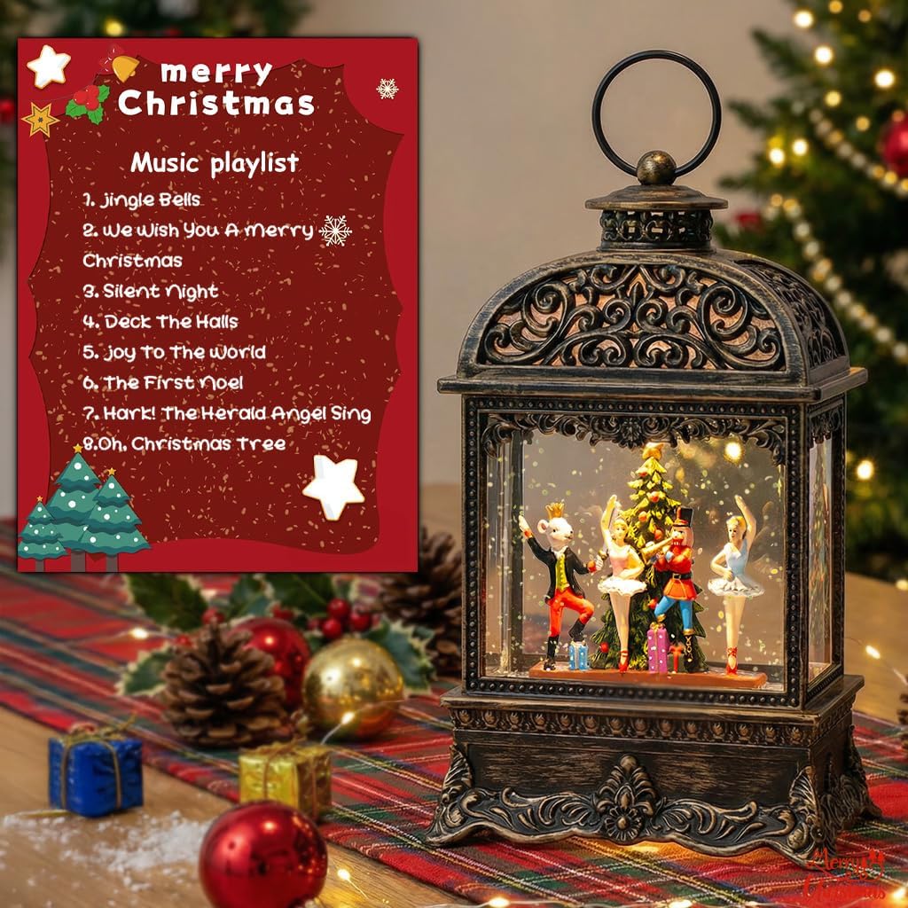 Christmas Snow Globe Lantern with Nutcracker Battles The Mouse King,Lighted Swirling Glittering Snow Globes