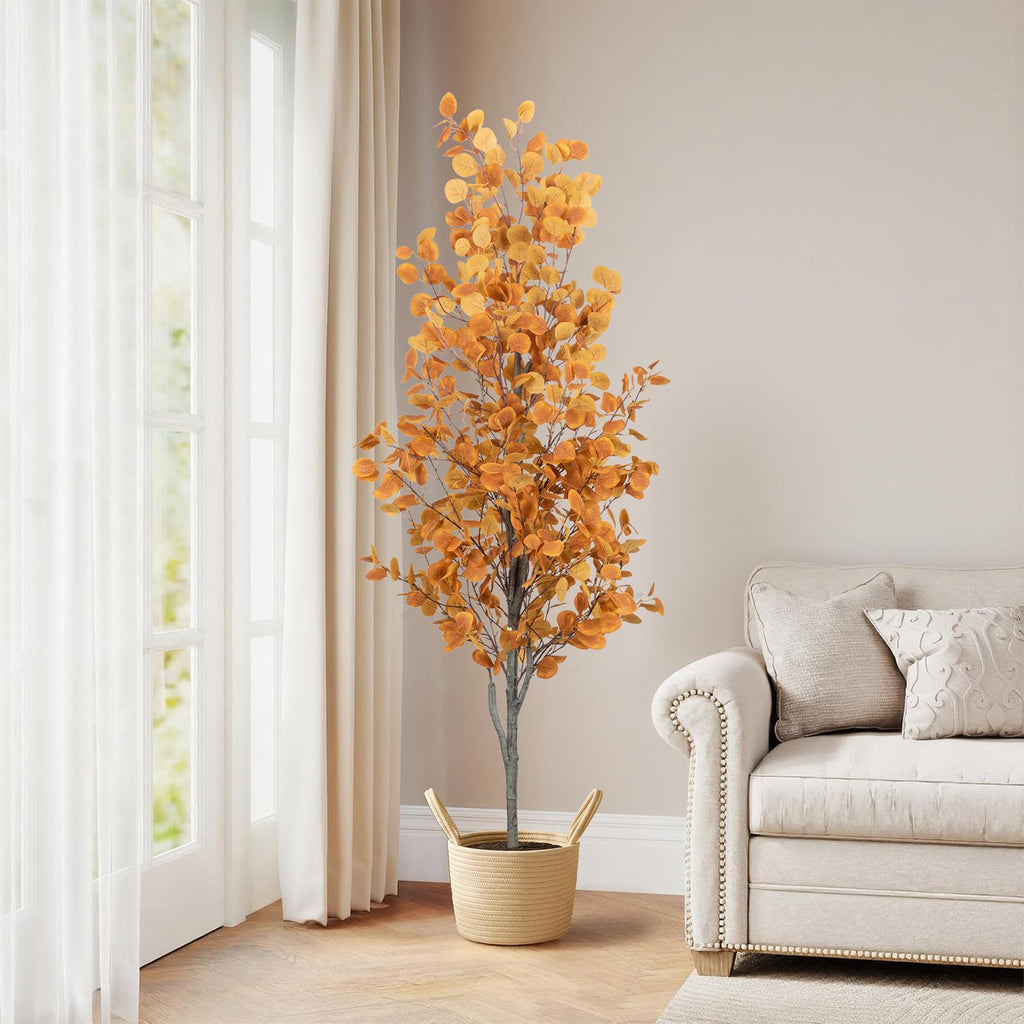 6FT Fall Artificial Eucalyptus Tree with Wicker Basket, Orange Potted Faux Eucalyptus Trees, Autumn Fake Eucalyptus