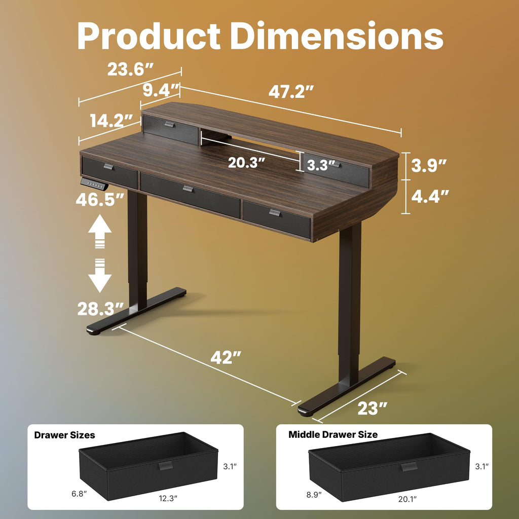 48 x 24 Inch Electric Standing Desk with 4 Drawers, Walnut