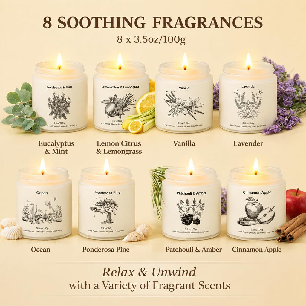 Fall Candles Gift Set, 8 Pack Long Lasting Soy Candles, Natural Aromatherapy Candles with Relaxing Scents, Perfect Spa