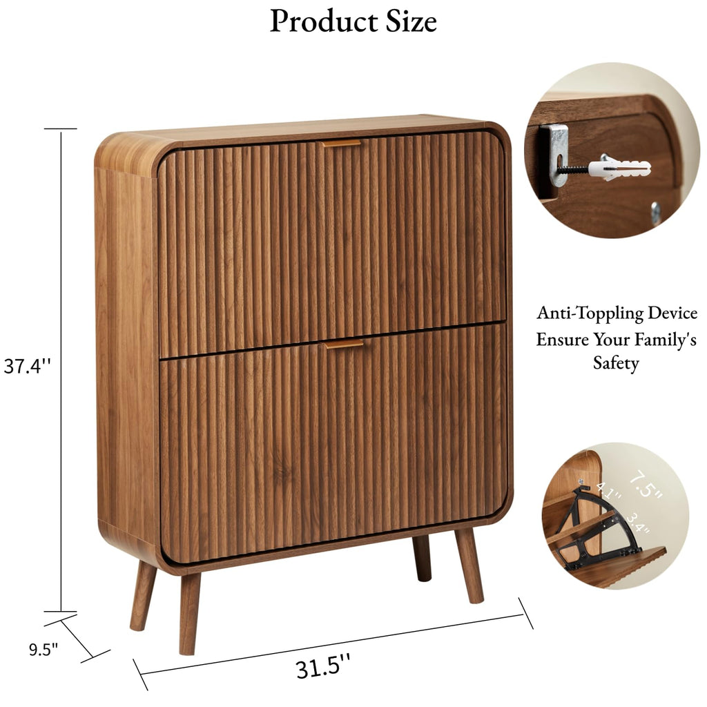 31.5" Fluted Shoe Cabinet with 2 Flip Drawers, Slim Freestanding Shoe Cabinet Organizer, Narrow Shoes Storage Rack