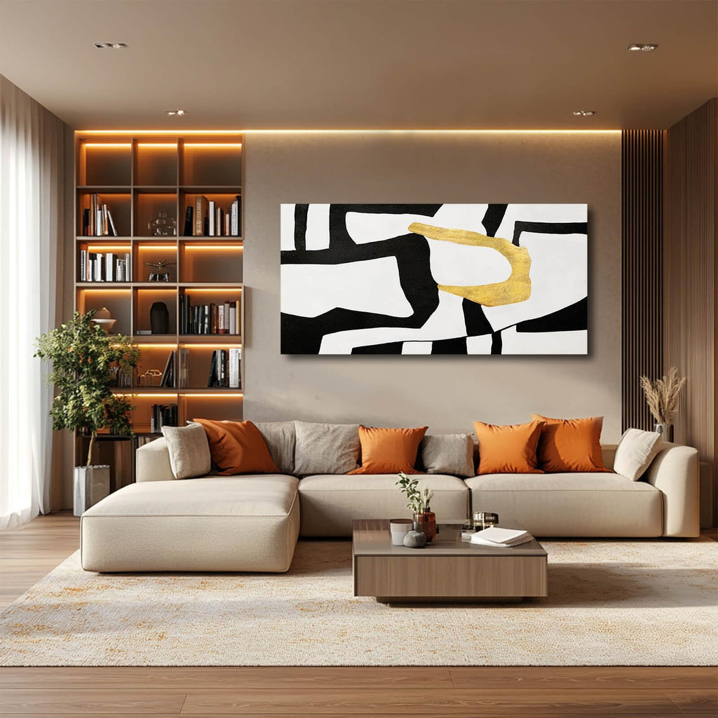 Black and White Wall Art Abstract Wall Decor Geometric Canvas Poster Large Wall Painting 24"x48" Gold Pictures Dining