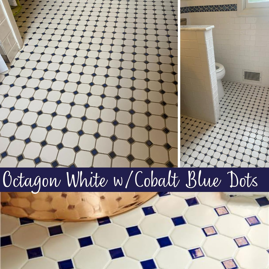 White Octagon Matte Porcelain Mosaic Tile with Blue Dots - 20 Sheets per Case for Floor, Wall, Backsplash, Bathroom