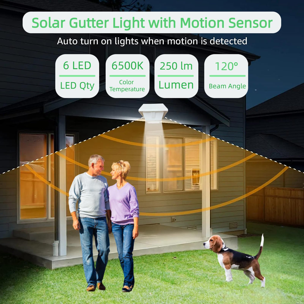 Solar Gutter Lights Motion Sensor Outdoor Security Light (2 Pack), LED (6-Diode) Waterproof Durable Fence Gutter