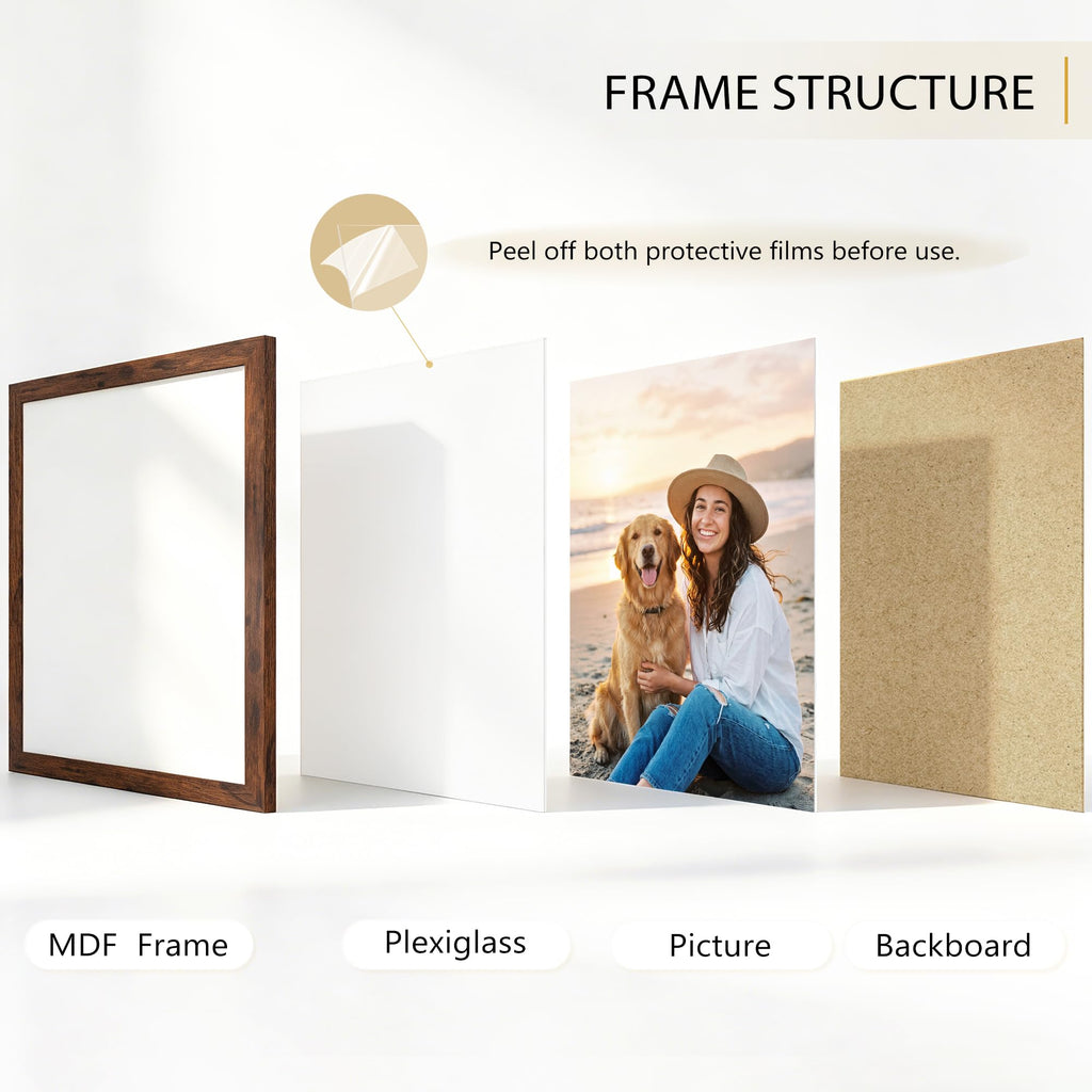 8x10 Picture Frame Set of 6, Wall or Tabletop, Brown Woodgrain
