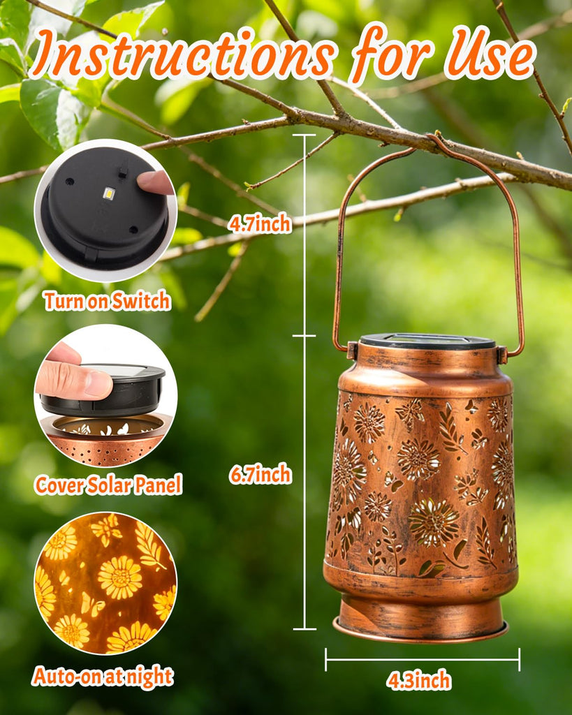 2 Pack Sunflower Solar Lantern Lights, Outdoor Lanterns Garden Decor, Hanging Solar Lantern for Backyard Porch Patio