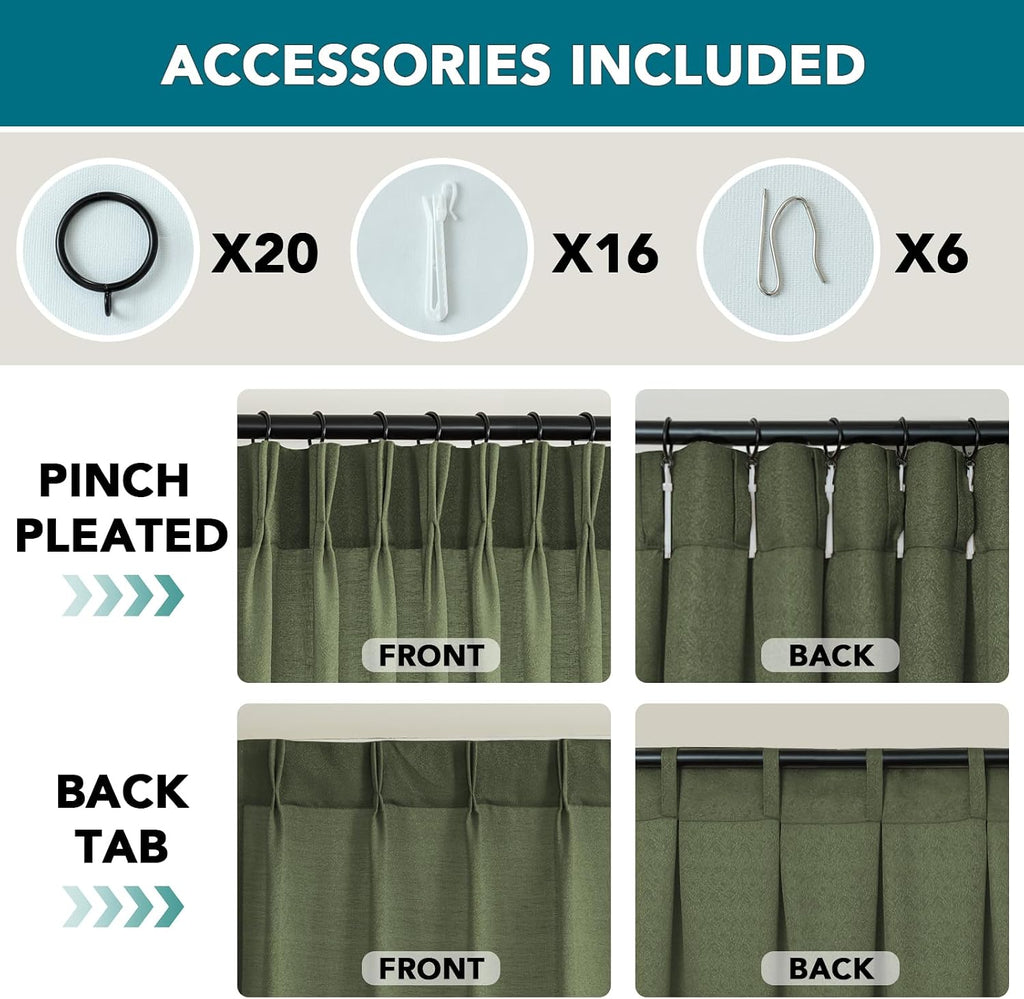 Pinch Pleated Faux Linen Curtains 90" Olive Light Filtering Drapes | Memory Shape, Jacquard Texture, Enhanced Privacy